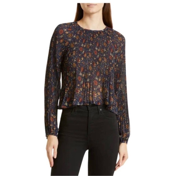 Veronica beard Lewin top floral pleated ruffle in ink multi blue Size 4 - Picture 1 of 12